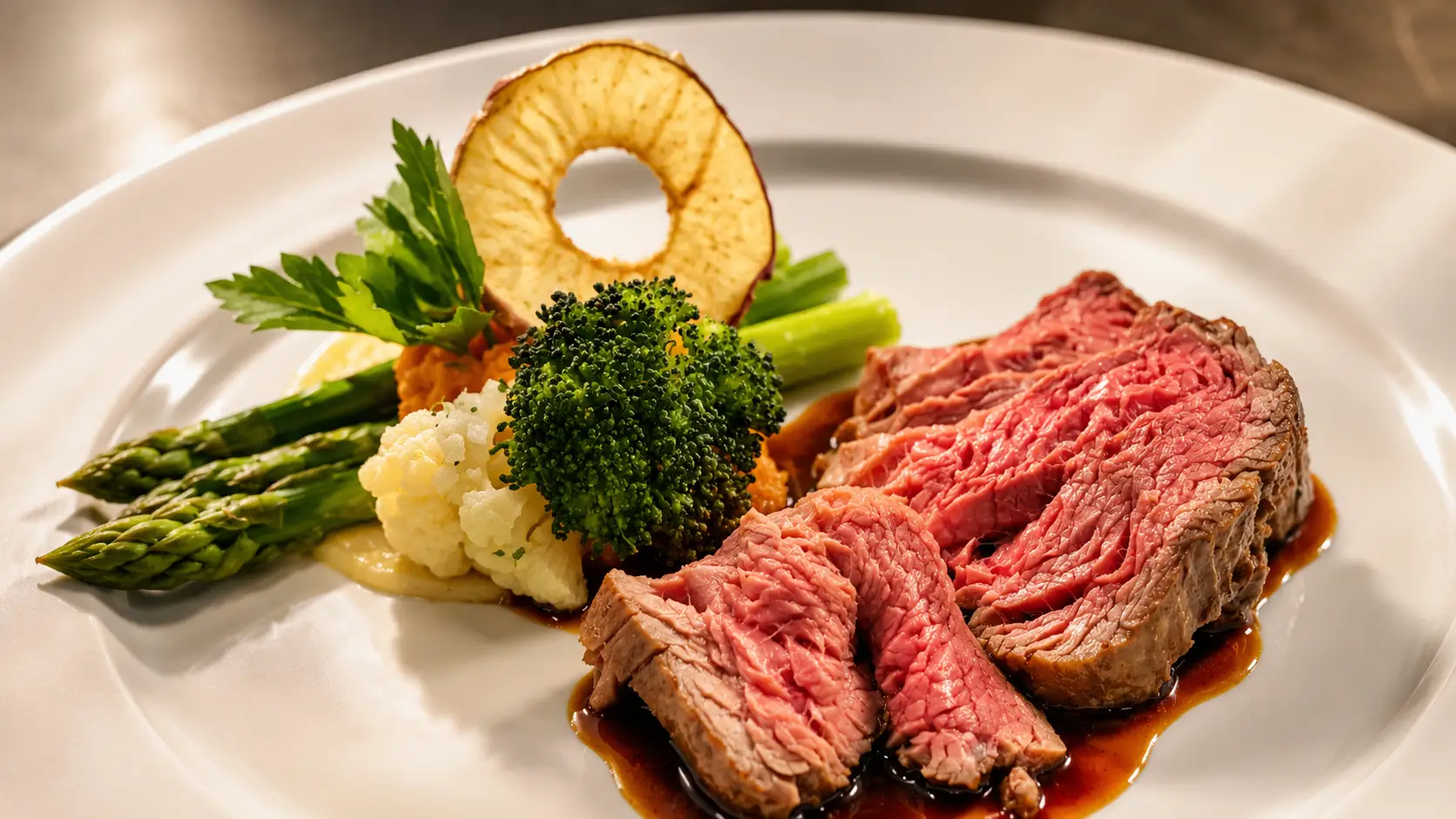 Teller mit Rindfleisch, Spargeln und Gemüse, Plus Catering CH
